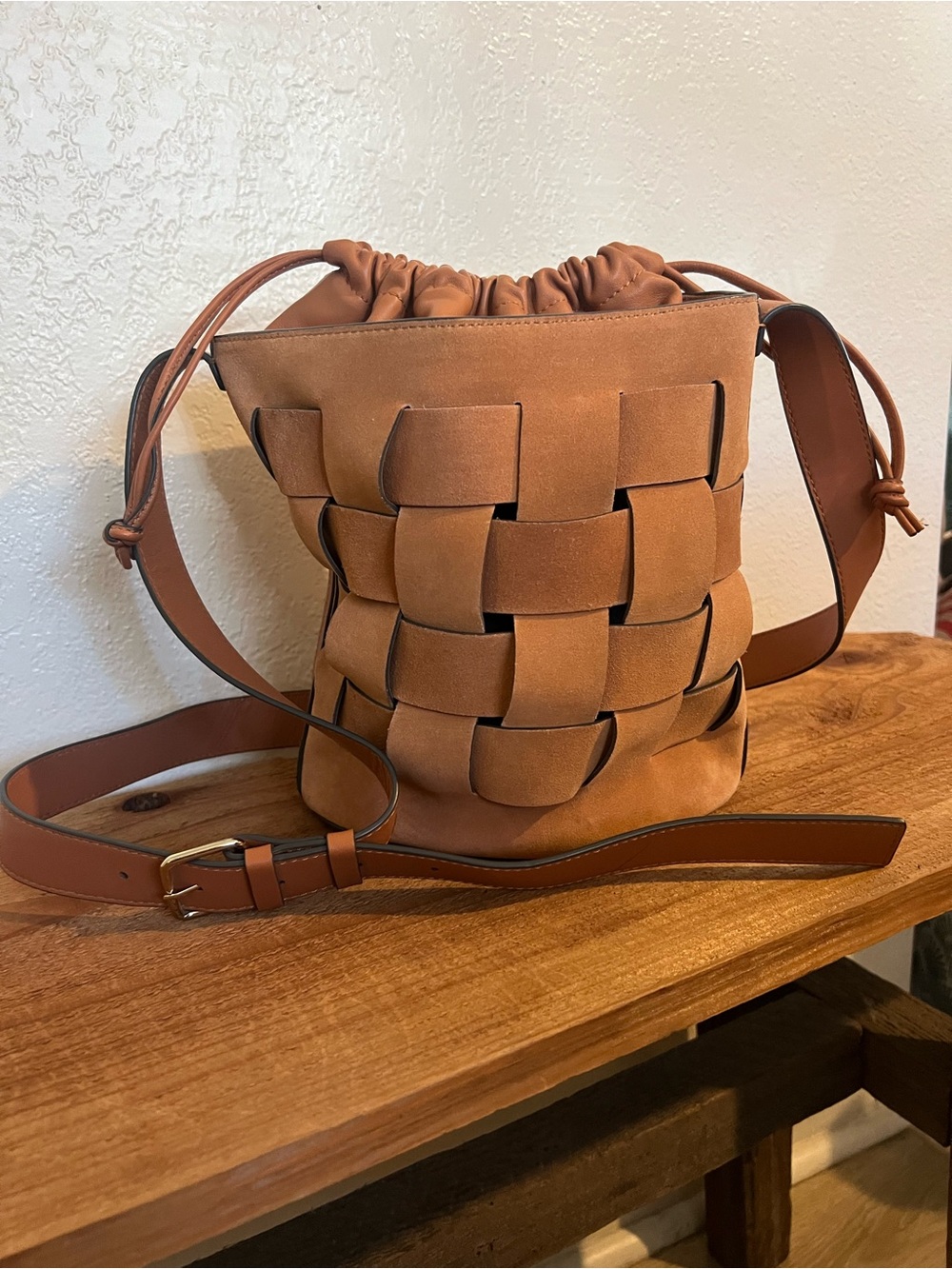 Vince Camuto Josy Copper Brown Suede Woven Leather Bucket Bag NWOT